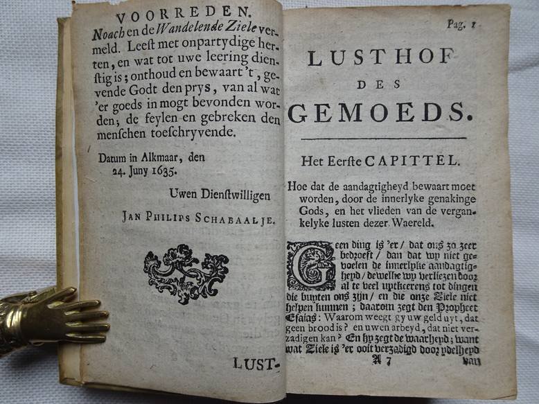 J.P.S. (J.P. Schabaalje (1592-1656). - Lusthof des gemoeds, inhoudende verscheide, geestelyke oeffeningen met noch drie collatien der wandelende ziele met Adam, Noach en Sym. Cleophas.