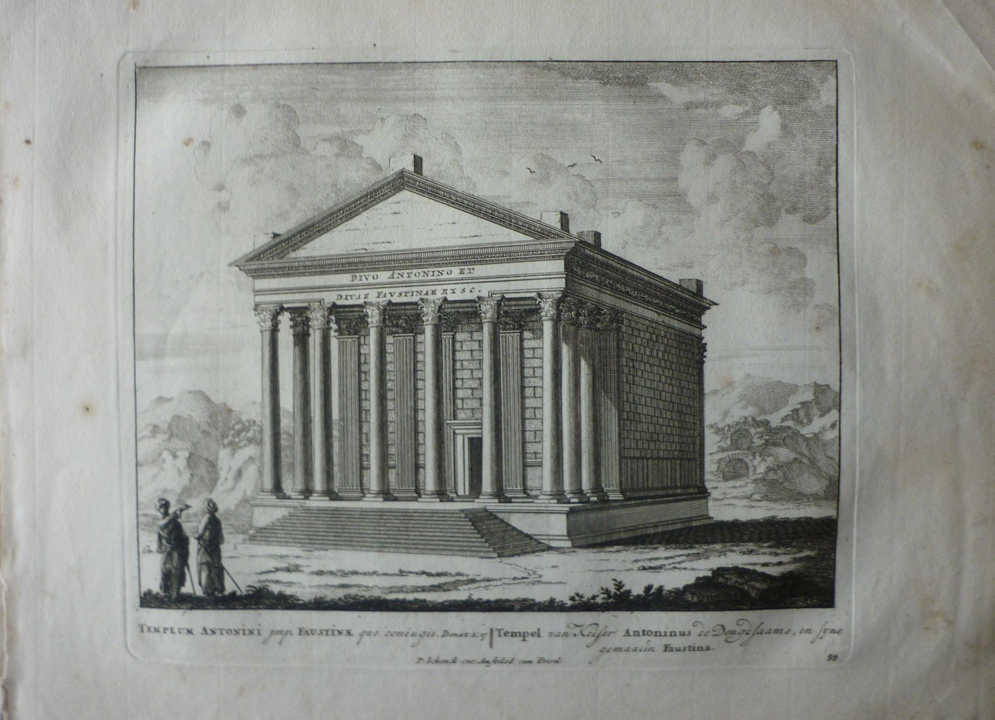 Schenck, Petrus [Pieter Schenk] - Tempel van Keiser Antoninus de Deugdsaame, en fijnegemaalin Faustina 59. Originele kopergravure.