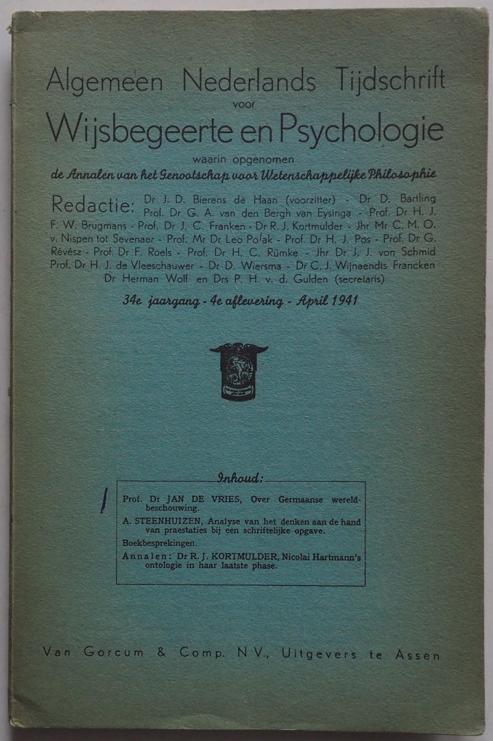 Bierens de Haan J D, Vries Jan de, Steenhuizen A - Algemeen Nederlands Tijdschrift voor Wijsbegeerte en Psychologie 34e jaargang 4e aflevering April 1941