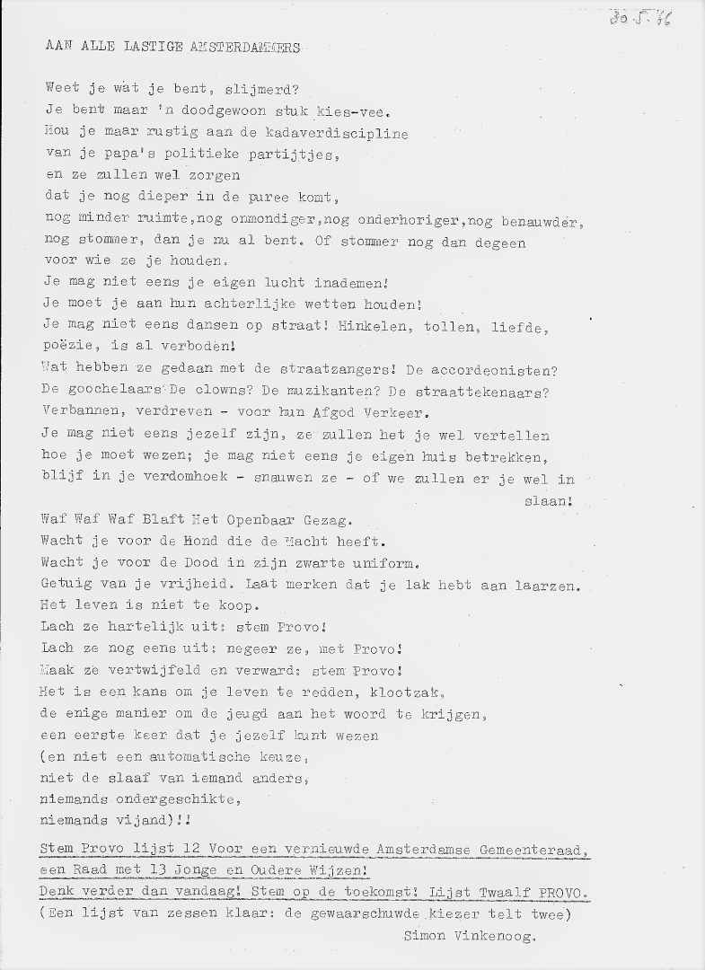 Pamflet Provo - Aan alle jonge Amsterdamse Kiezers - Aan alle lastige Amsterdammers -  teksten op voor- en achterzijde van pamflet