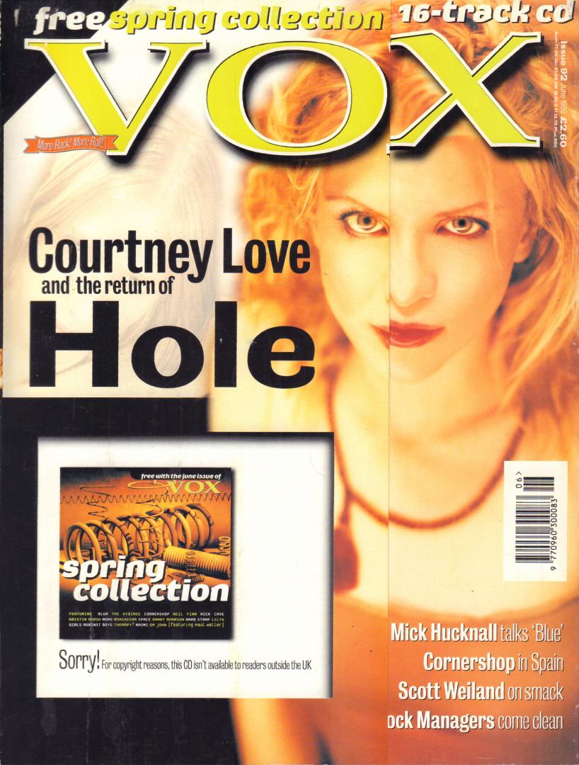 Various - VOX 1998 # 92, UK MUSIC MAGAZINE met o.a.  COURTNEY LOVE (HOLE, COVER + 6 PAGE ARTICLE), BILLIE MYERS(2 p.), CORNERSHOP(4 p.), SIMPLY RED(6 p.), STEREOPHONICS(4 p.). SCOTT WEILAND(4 p.), goede staat