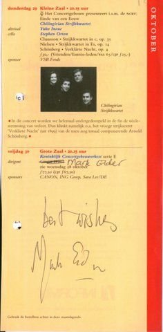 Elder, Mark: - [Programmzettel mit eigenh. Widmung und Unterschrift] Fantaseren op Schumann. Schönbergzaal Kon. Conservatorium