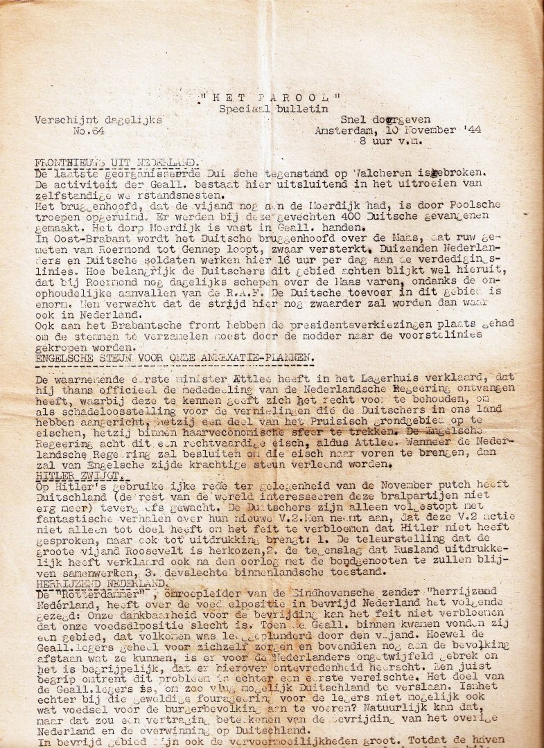 Pamflet Verzetskrant - Het Parool nr. 64, Speciaal Bulletin van 10 November 1944 - 8 uur v.m.