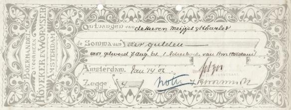 WORMSER, Jac. Ph. - Ontvangsbewijs van Boekhandel voorheen Höveker & Wormser te Amsterdam.