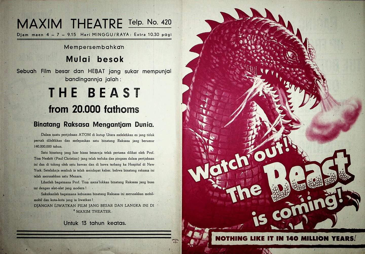 The Beast from 20.000 fathoms - Affiche voor de filmvertoning van de Amerikaanse film The Beast from 20.000 fathoms in het Maxim Theatre in Bogor (Java)