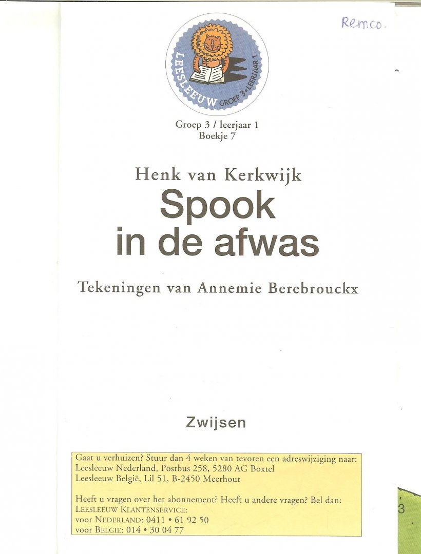 Henk van Kerkwijk Omslag en Illustraties  Annemie Berebrouckx - Spook in de Afwas