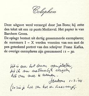 KAFKA, Franz - Das Stadtwappen. Kleine Fabel. Heimkehr. Der Aufbruch. Eine alltägliche Verwirrung. Er. Der Schlag ans Hoftor. (Mit 7 Originallithographien von Jan BONS).