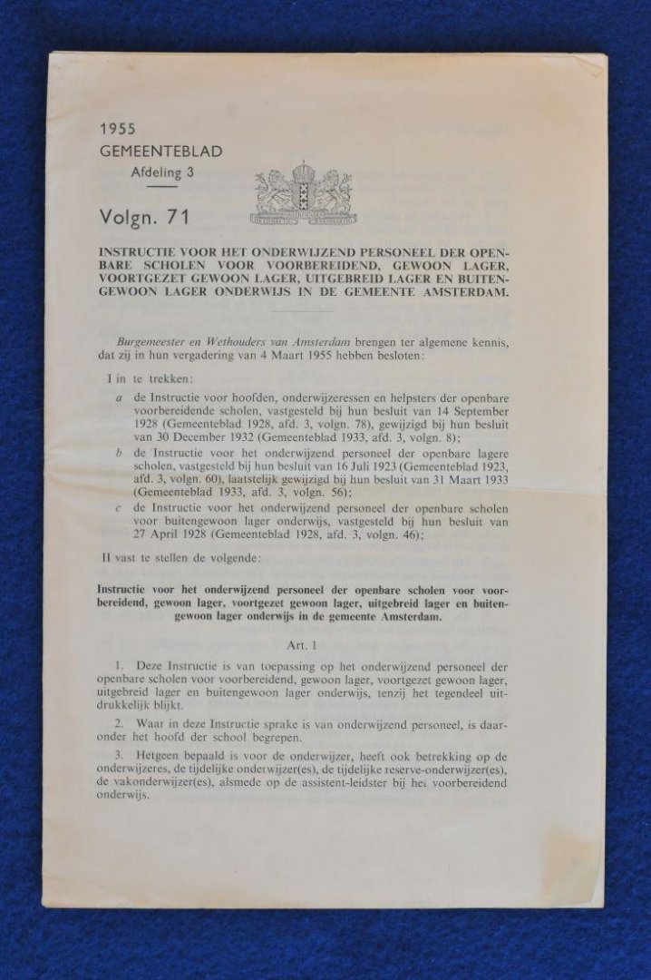 Onbekend - Gemeenteblad 1955 Volgnr. 71, Instructie voor het onderwijzend personeel