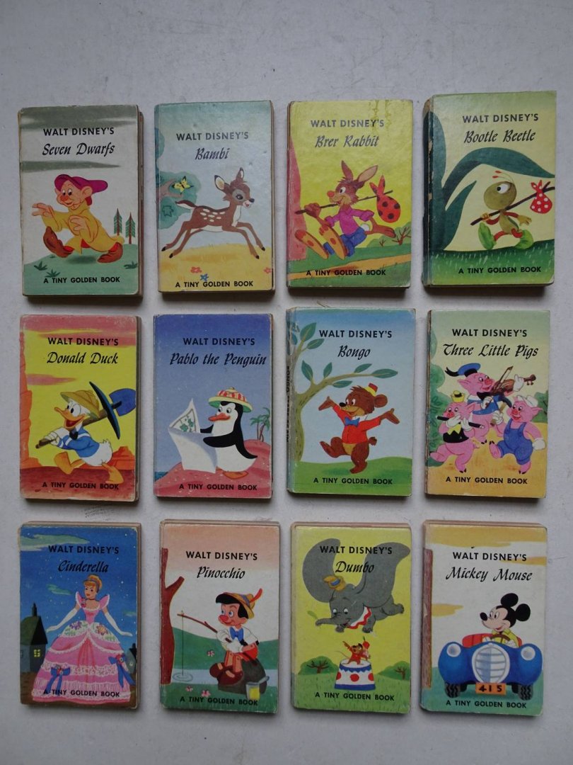 Disney, Walt. - Pinocchio/ Brer Rabbit/ Dumbo/ Cinderella/ Three little pigs/ Bongo/ Pablo the Penguin/ Donald Duck/ Bootle Beetle/ Mickey Mouse/ Bambi/ Seven Dwarfs. A Tiny Golden Book. 12 vols.