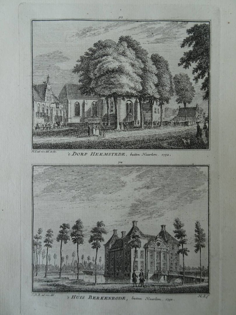 Heemstede. - 't Dorp Heemstede, buiten Haarlem, 1752/ 't Huis Berkenrode, buiten Haarlem, 1752.