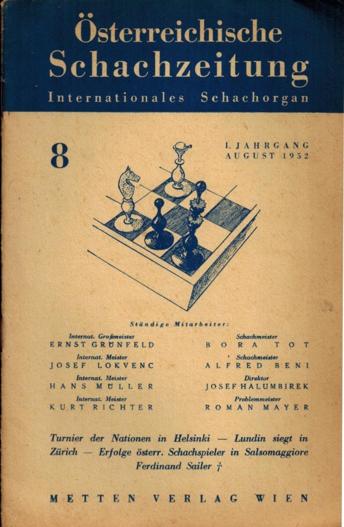  - Osterreichische Schachzeitung 1952 Heft 8 -Internationales Schachorgan