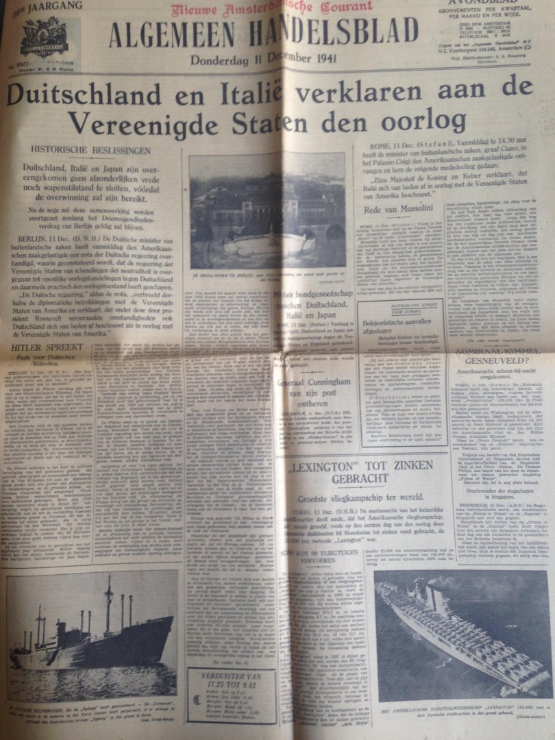 Oorlogskrant - Algemeen Handelsblad, Nieuwe Amsterdamsche Courant, Duitsland verklaard VS de oorlog