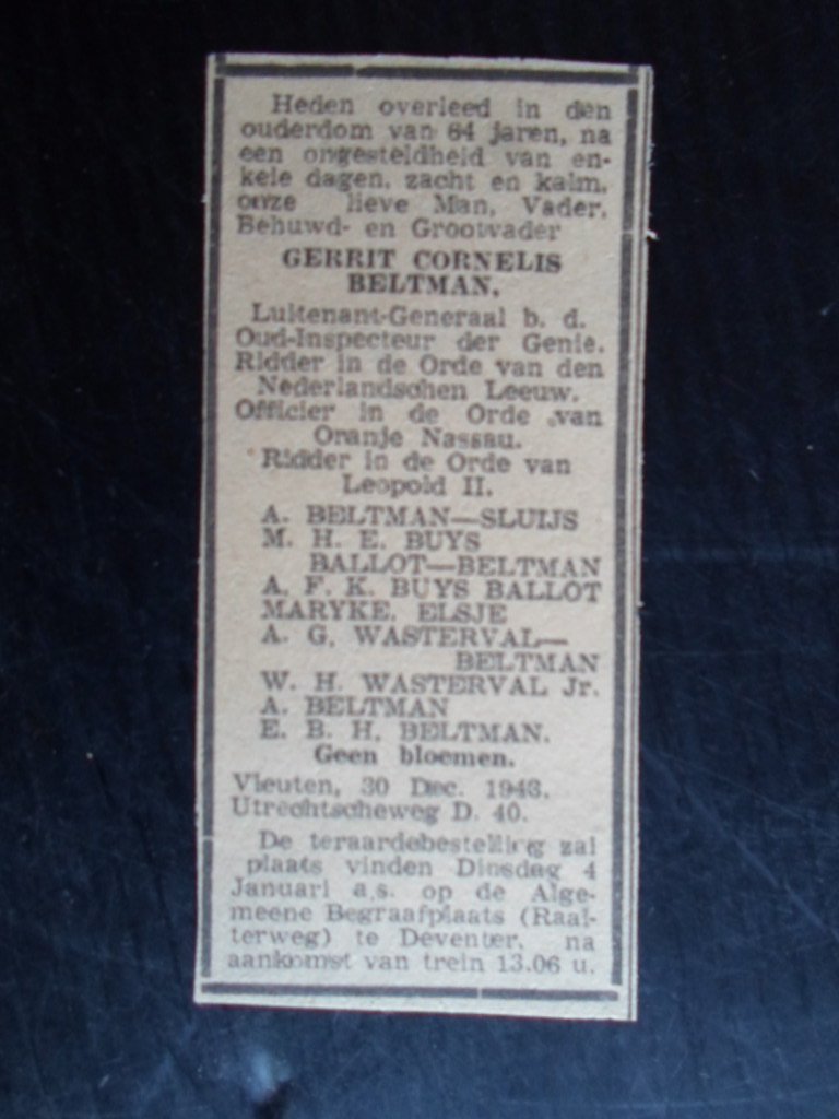  - Overlijdensbericht Lt.Gen.G.C.Beltman