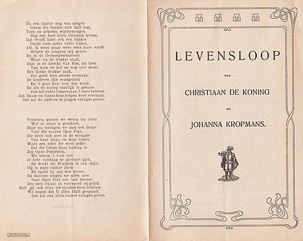 (KONING, Pieternel, Bram of Chris jr. de). HUWELIJKSPOËZIE - Levensloop van Christiaan de Koning en Johanna Kropmans.