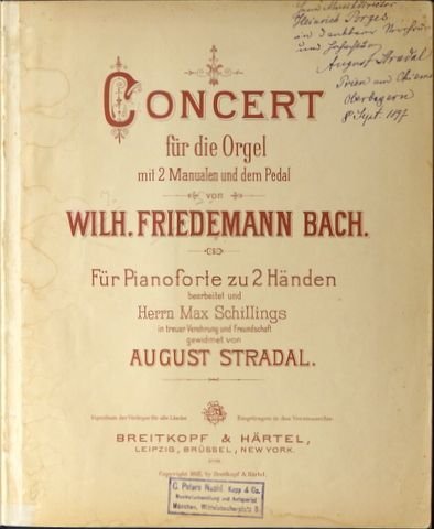 Bach, Wilhelm Friedemann: - Konzert für die Orgel. Für Pianoforte zu 2 Händen bearbeitet... von August Stradal
