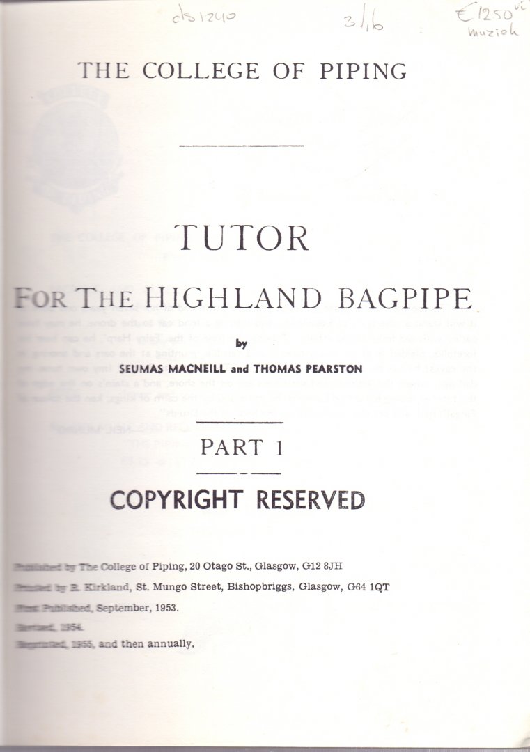 MacNeill, Seumas and Pearston, Thomas (ds1240) - Tutor for the Highland Bagpipe. Part 1
