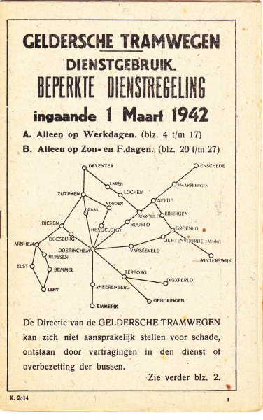  - Geldersche Tramwegen G.T.W. ,dienstregeling 1 maart 1942