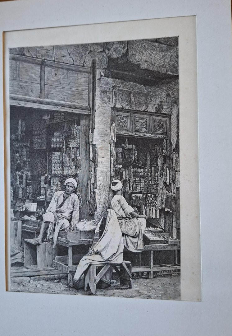  - Koopman in glaskoralen te Jaffa. Gravure uit "De aarde en haar volken" 1883. 25x18 cm