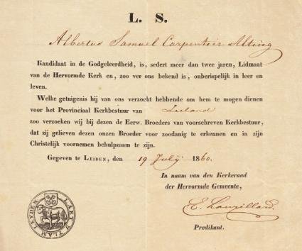 LAURILLARD, E. - Aanbevelingsformulier voor een kandidaat voor het provinciaal kerkbestuur van Zeeland, ingevuld door predikant Eliza Laurillard voor A.S. Carpentier Alting, 1860.