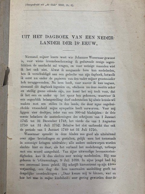 WASSENAAR, J. NABER, S.A., - Uit een dagboek van een Nederlander der 18e eeuw.