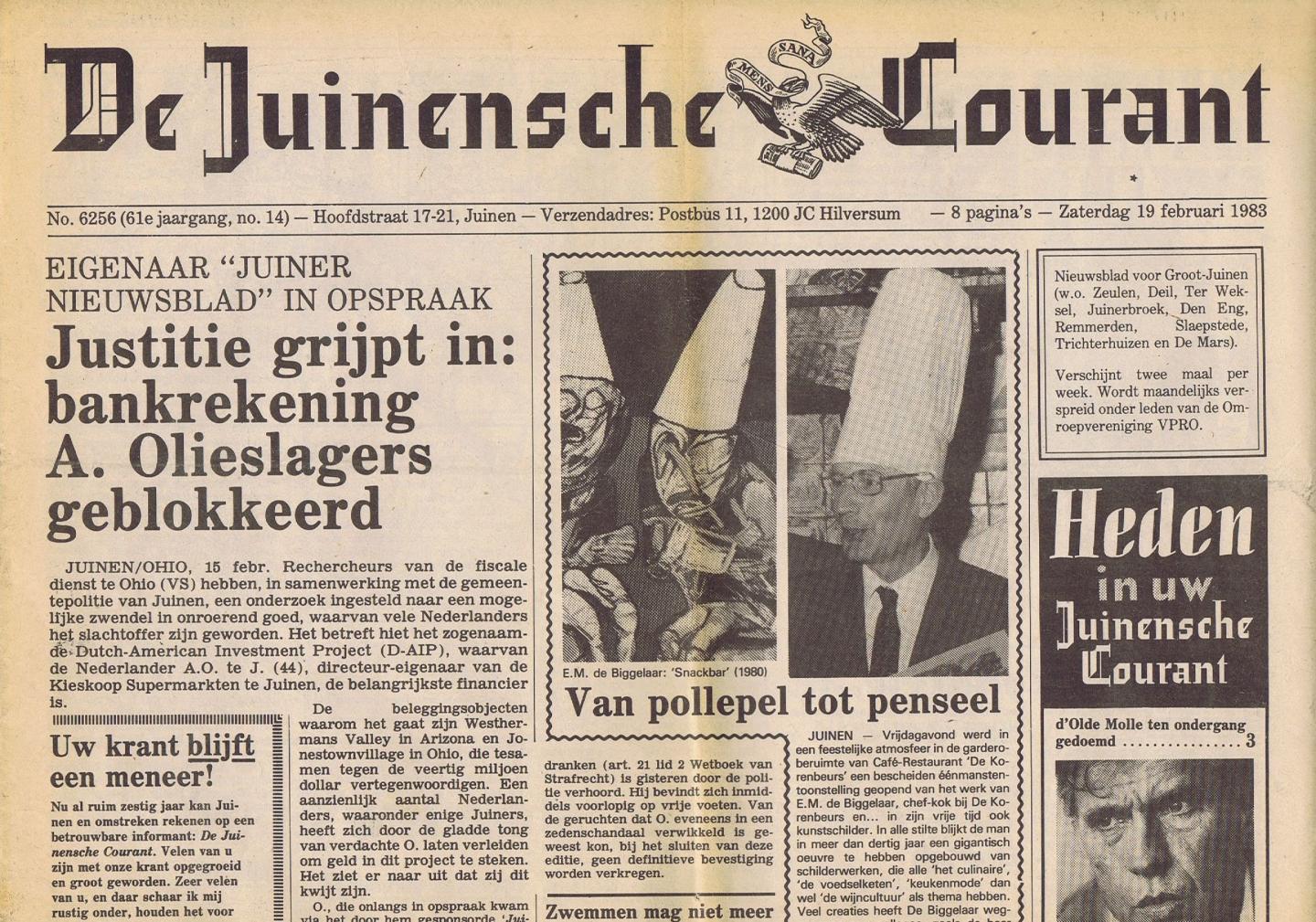Reve, Gerard - Nasleep van Reve-interview: Carmiggelt doet onthutsende uitspraken -- in: De Juinensche Courant, 19 februari 1983