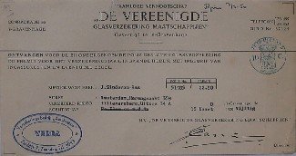(Genealogie, Sinderam-Ras), - Verba verzekeringsbedrijf. Ontvangen glasverzekering J. Sinderam-Ras, Herengracht Amsterdam.