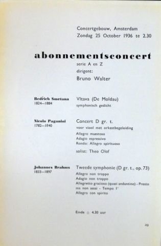 Walter, Bruno: - [Programmheft] Abonnementsconcert Serie A en Z. [Concertgebouw-Orkest]. Dirigent: Bruno Walter. Solist: Theo Olof