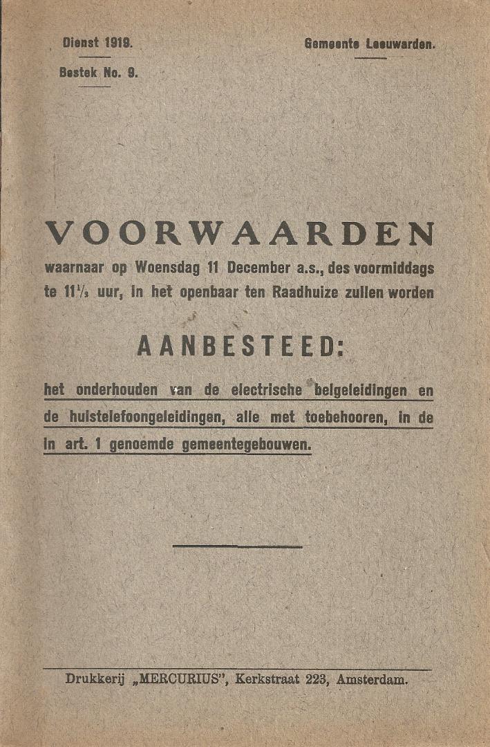 NN - 1918, belgeleidingen en huistelefoongeleidingen, Leeuwarden.