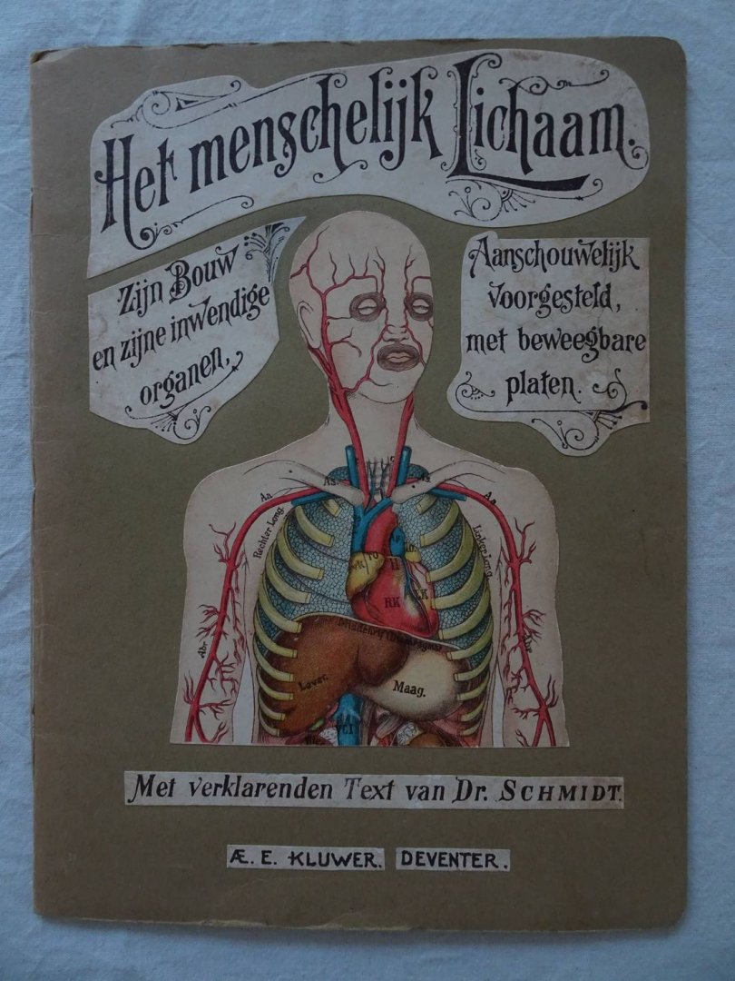 Dr. Schmidt. - Het menschelijk lichaam, zijn bouw en zijn inwendige organen. Aanschouwelijk voorgesteld, met vijf beweegbare, gekleurde platen  en geïllustreerden verklarenden tekst.