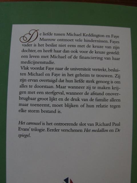 Evans, Richard Paul - Het Carrousel / De Spiegel / Het Medaillon - trilogie  -  de 3 boeken in een koop  8,99 !!!