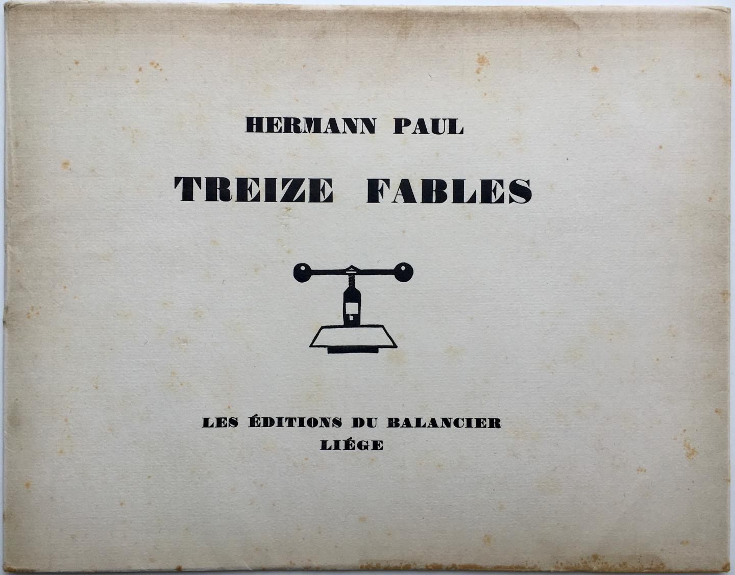 Hermann Paul. - Treize Fables. With 13 large woodcut plates by Hermann Paul, each wrapped in a china paper wrapper, with a cynical printed text on the upper side.