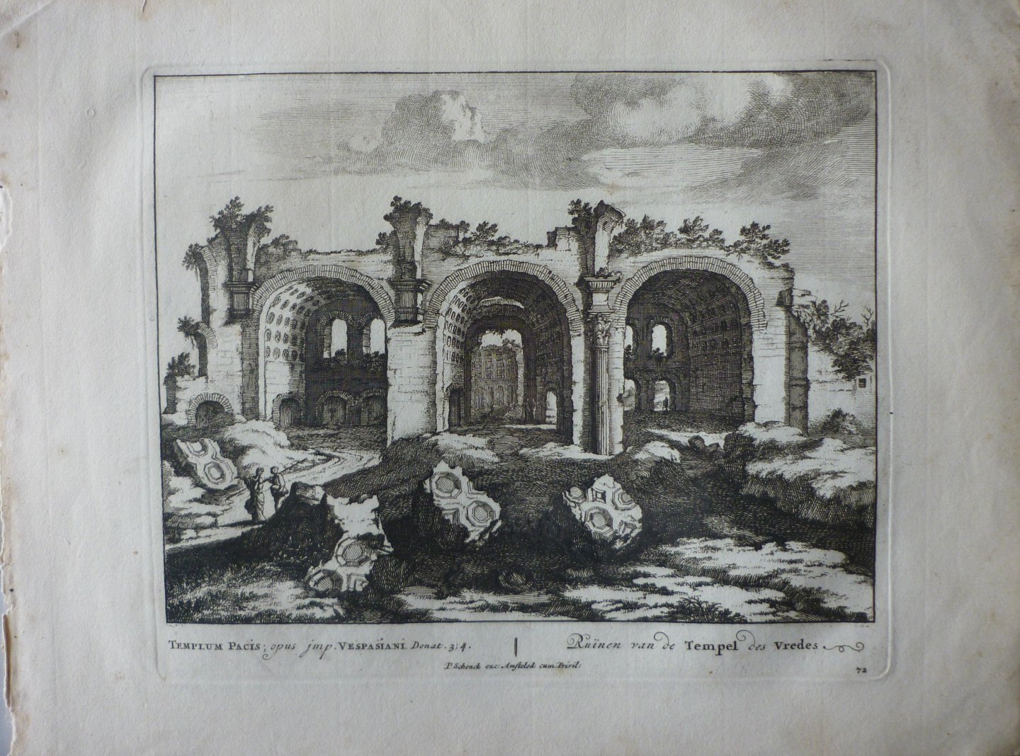 Schenck, Petrus [Pieter Schenk] - Ruïnen van de Tempel van de Tempel des Vredes 72. Originele kopergravure.