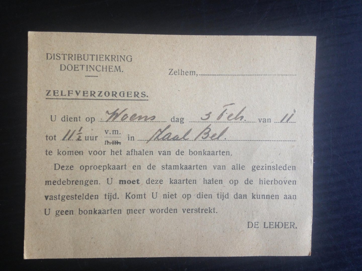  - Oproepkaartje Distributiekring Doetinchem WOII