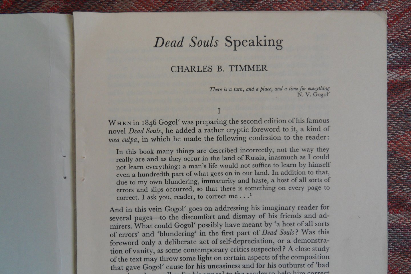 Timmer, Charles B. [ Met gesigneerde opdracht voor de componsit Wilhelm Rettich 1892/1988 ]. - Dead Souls Speaking (paper on this book of N.V. Gogol).