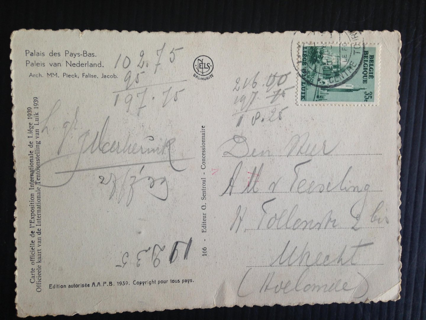  - Gelopen kaart Paleis van Nederland, Officieele kaart van de Internationale Tentoonstelling van Luik