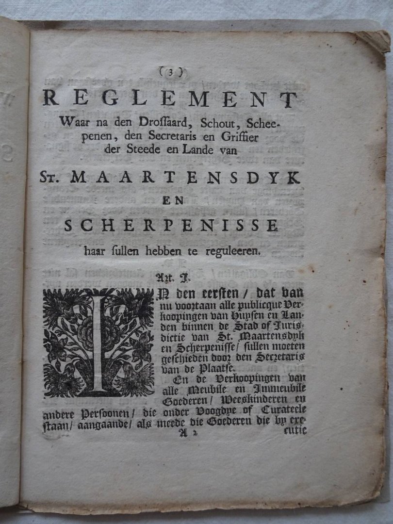 N.n.. - Reglement waar na den Drossaard, Schout, Scheepenen, den Secretaris en Griffier der Steede en Lande  van St. Maartensdyk en Scherpenisse haar sullen hebben te reguleeren.