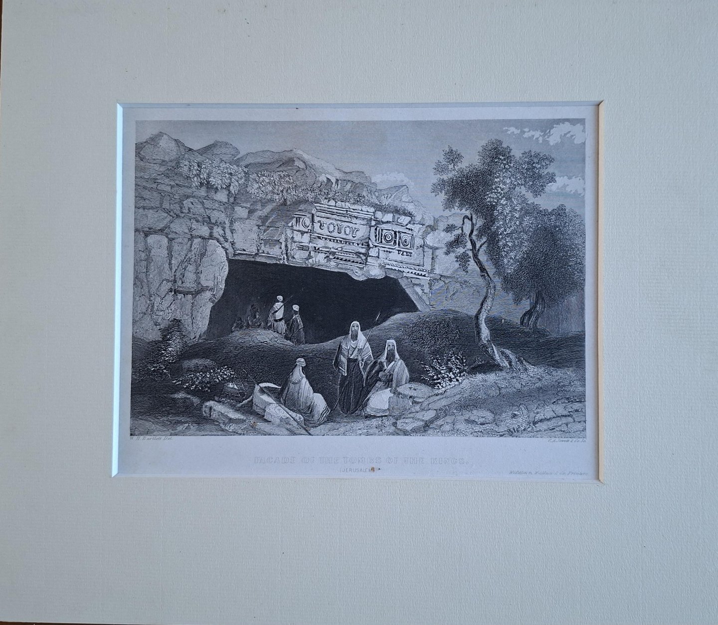  - Facade of the tombs of the kings, Jerusalem, steel engraving drawn by British topographical artist William Henry Bartlett and engraved by C. A. Jewett.
