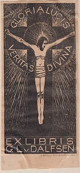 ROSSEM, Ru van - Geëtst exlibris met aquatint, gesigneerd door de kunstenaar en gedateerd '58'.