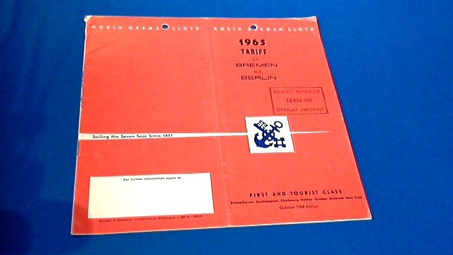 North German Lloyd - 1965 tariff s.s. Bremen m.v. Berlin