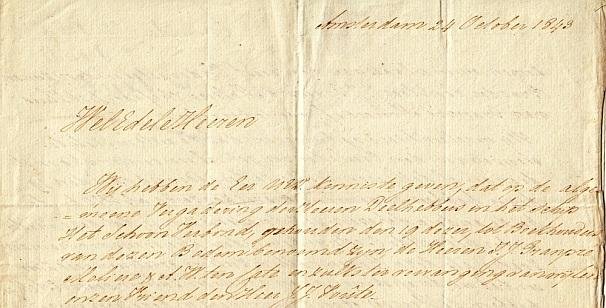 VOÛTE, Erven J.J. - Handgeschreven brief van I.J. Granpré Molière, J.M. Reynvaan en H.P. Witkamp aan 'de Heeren Ketwich & Voombergh, Alhier', gedateerd 'Amsterdam 24 October 1843'.