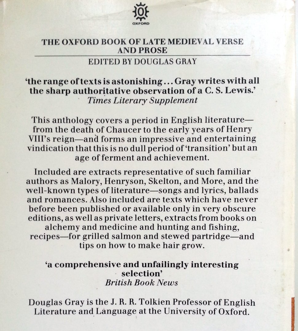 Gray, Douglas - The Oxford Book of Late Medieval Verse & Prose (ENGELSTALIG)