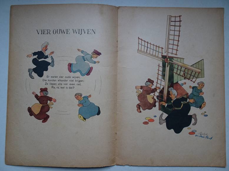 Groot, Piet de. - Boek met verschillende versjes: "Er zaten zeven kikkertjes"/ "Vier ouwe wijven"/ 'Twee emmertjes water halen"/ "Hop Marianneke"/ "In Holland staat een huis".