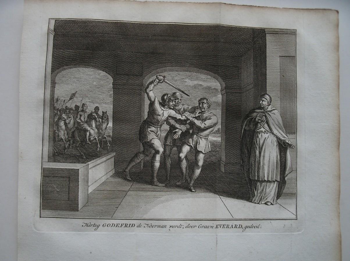 antique print (prent) - Hertog Godefrid de Noorman wordt, door Graave Everard gedood.