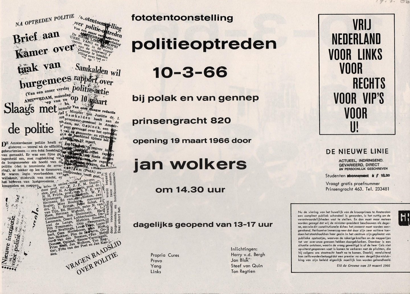 Pamflet Provo gerelateerd - fototentoonstelling 10-3-66  Amsterdam  politieoptreden tijdens huwelijk Beatrix