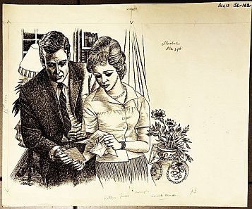 DOEVE, Eppo - Originele tekening waarop een man en een vrouw samen een foto en een brief bekijken.