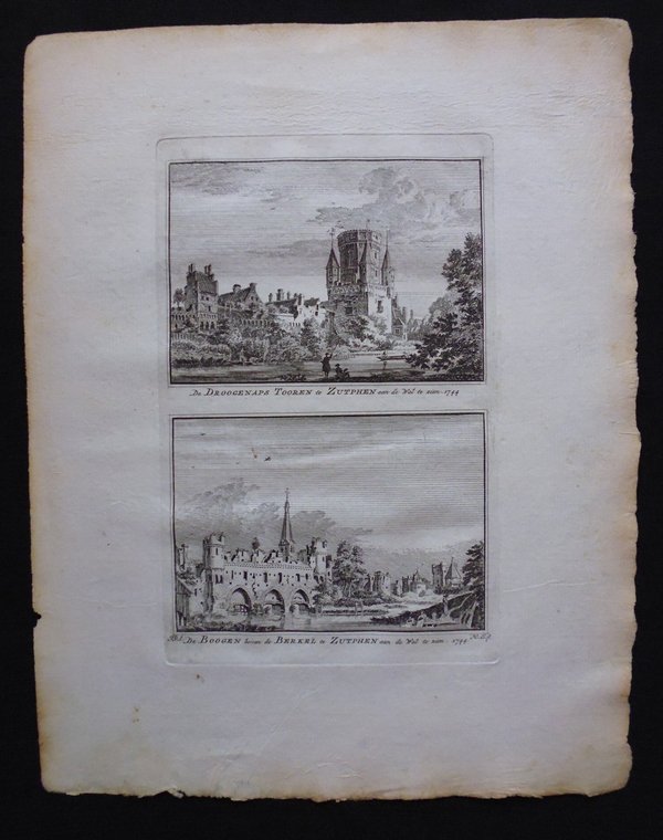 H. Spilman - De Droogenaps Tooren te Zutphen aan de Wal te zien / De Boogen boven de Berkel te Zutphen aan de Wal te zien 1744 - Originele kopergravure