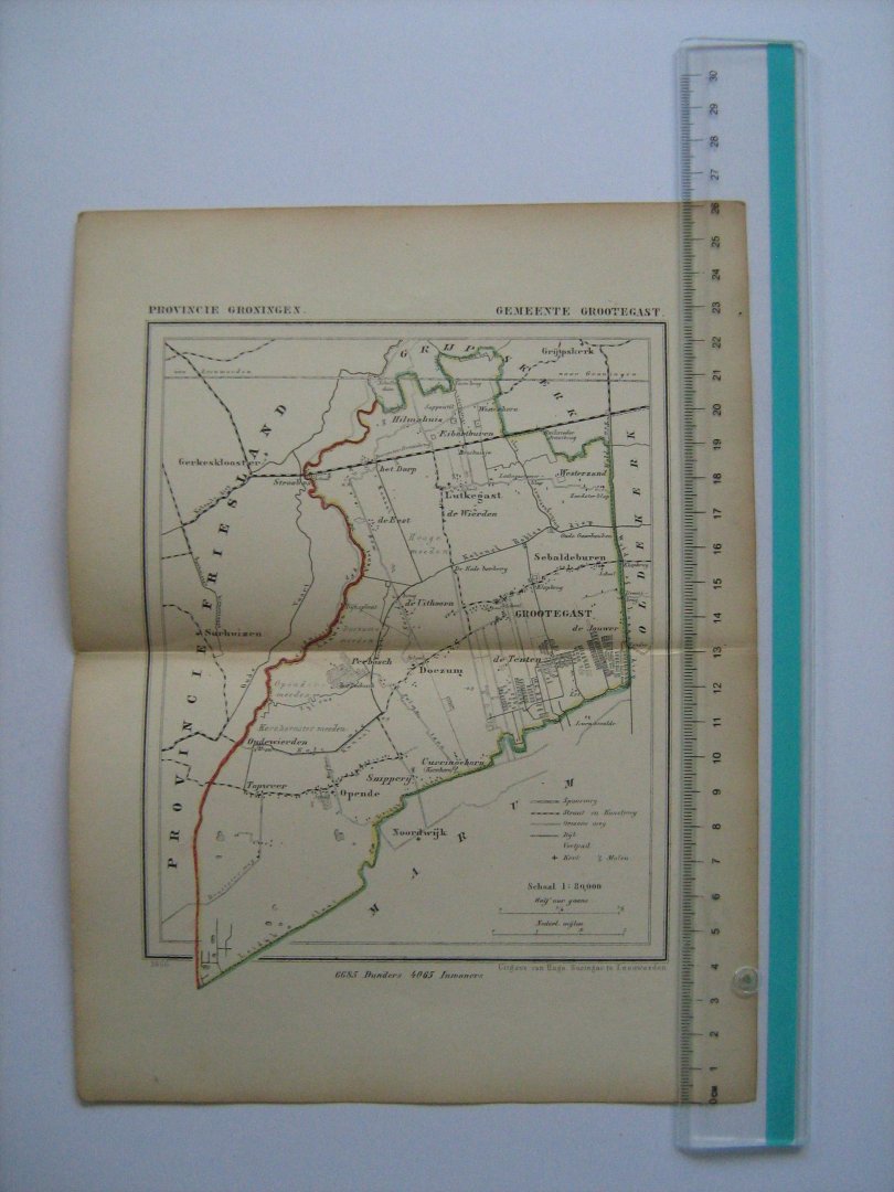  - Oudtijds grensgekleurde lithografie van Gemeente GROOTEGAST, Groningen 1866