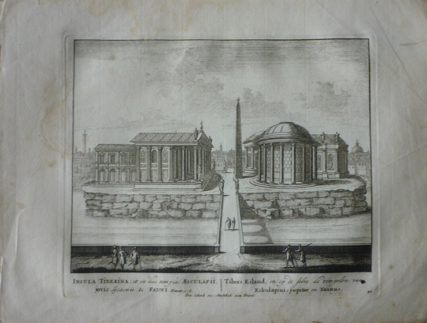 Schenck, Petrus [Pieter Schenk] - Tibers Eiland de tempelen van Eskulapius, Jupiter en Faunus 40. Originele kopergravure.