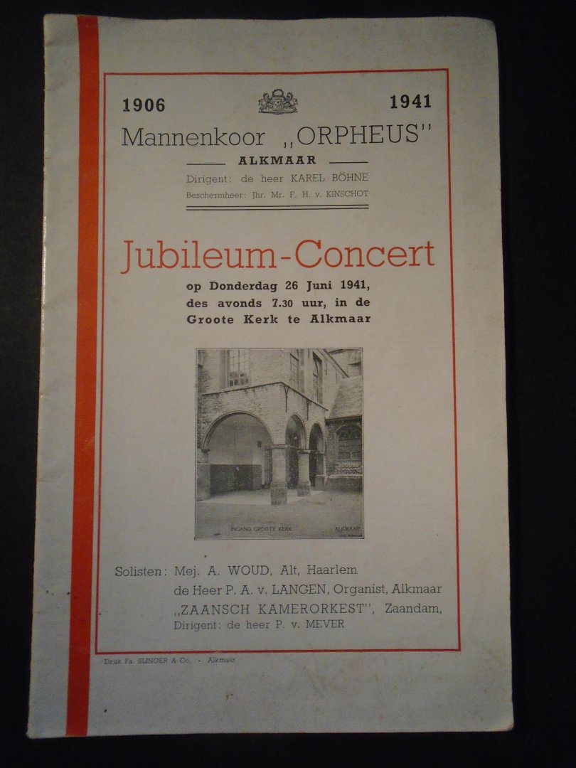 n.v.t. - Mannenkoor "Orpheus ", Jubileum-Concert. 26 juni 1941. ( 1906-1941
