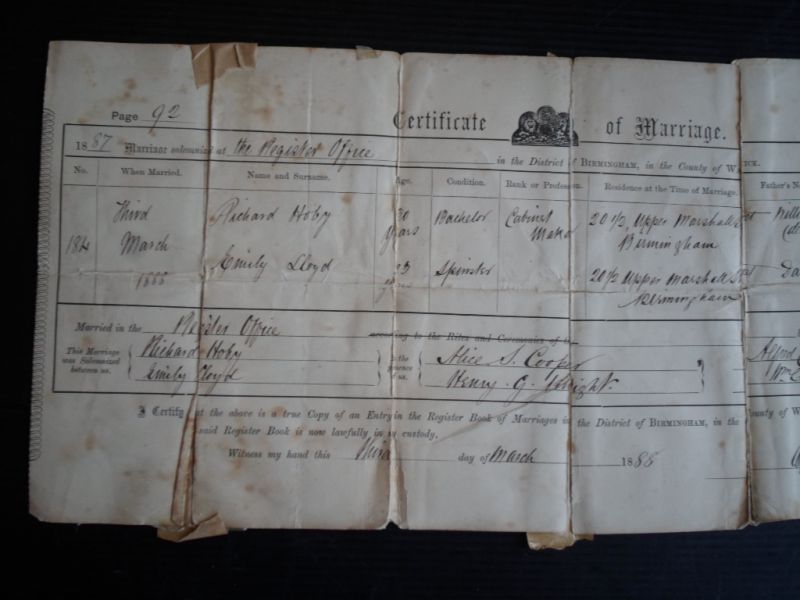  - Certificate of Marriage, District Birmingham, County of Warwick